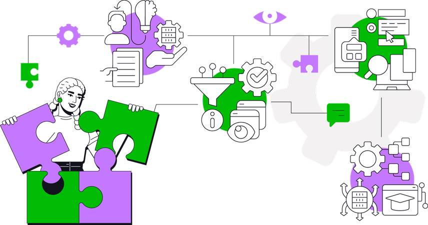 Girl solving jigsaw puzzle while doing Knowledge management  Illustration