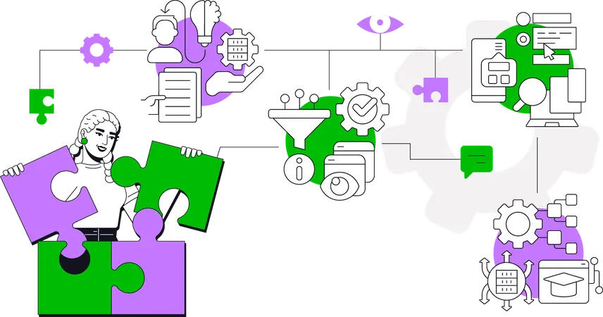 Girl solving jigsaw puzzle while doing Knowledge management  Illustration