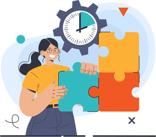 Girl solving jigsaw puzzle with time limite  Illustration