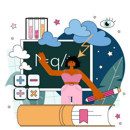 Girl solving physics problem  Illustration