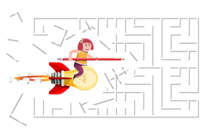 Cartoon Vector Illustration Knowledge Concept Knowledge Is Like A Great Power That Will Send Us Forward Like A Girl Rides A Light Bulb Rocket Through The Maze Illustration