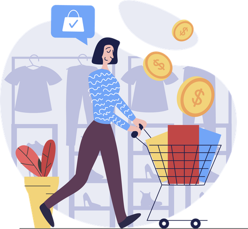 Girl spending money on clothes shopping  Illustration