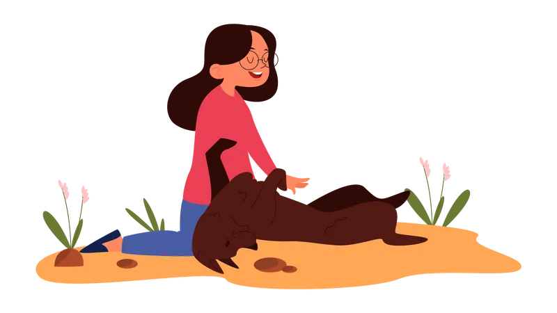 Girl spending time with pet dog Illustration