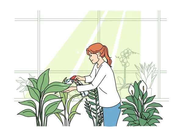 Girl spraying water on plants Illustration