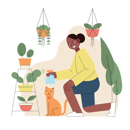 Girl spraying water to indoor plants  일러스트레이션