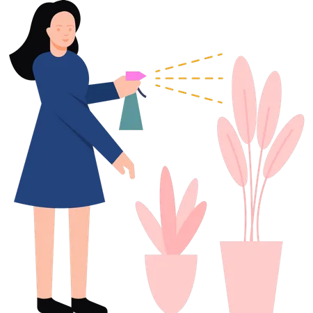 Girl spraying watering the plants  일러스트레이션