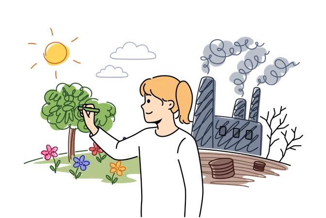Girl spread awareness to save environment from factory pollution  Illustration