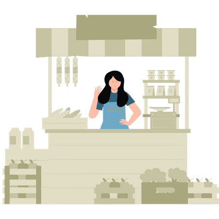 Girl stand at food shop  Illustration