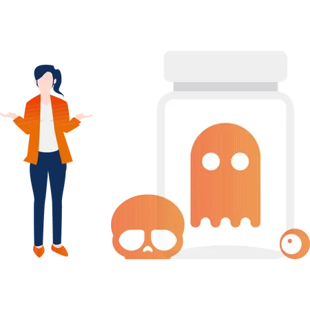 Girl stand with a ghost and skull jar.  Illustration