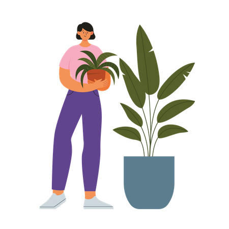 Girl Standing and holding houseplant  Illustration