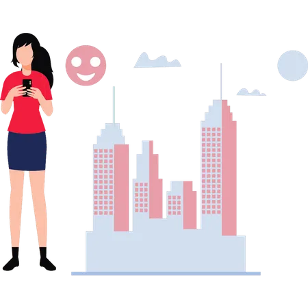 Girl standing and using her phone  Illustration