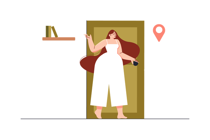 Girl standing at home door  Illustration