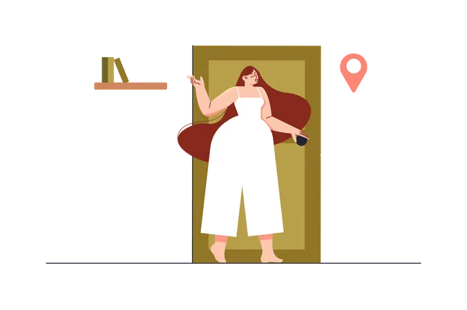 Girl standing at home door  Illustration