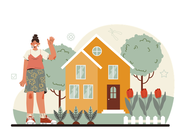 Girl standing at home garden while waving hand  Illustration
