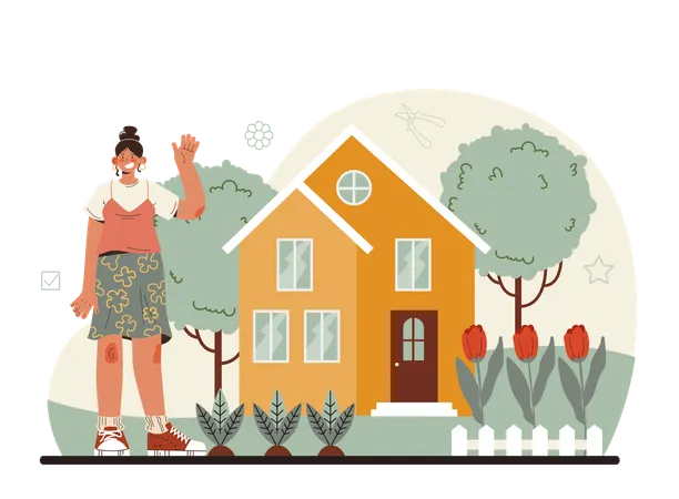 Girl standing at home garden while waving hand  Illustration