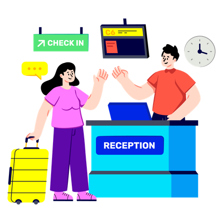 Girl standing at reception desk  Illustration