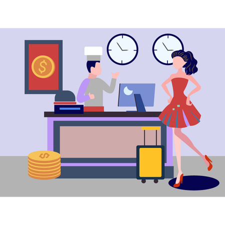 Girl standing at reception in hotel  Illustration