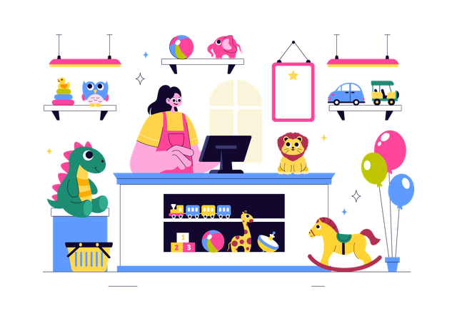 Girl standing at toy store  Illustration