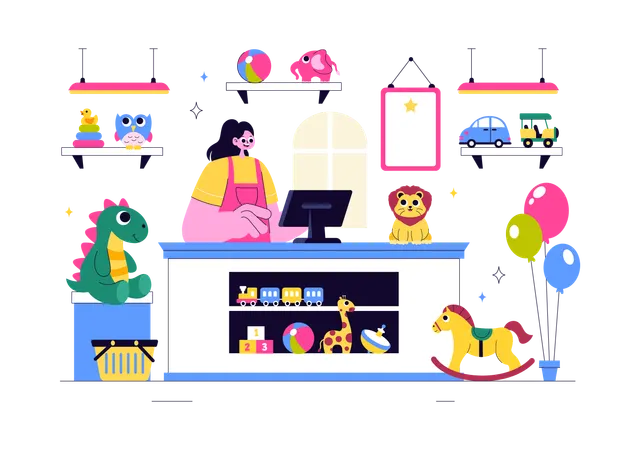 Girl standing at toy store  Illustration
