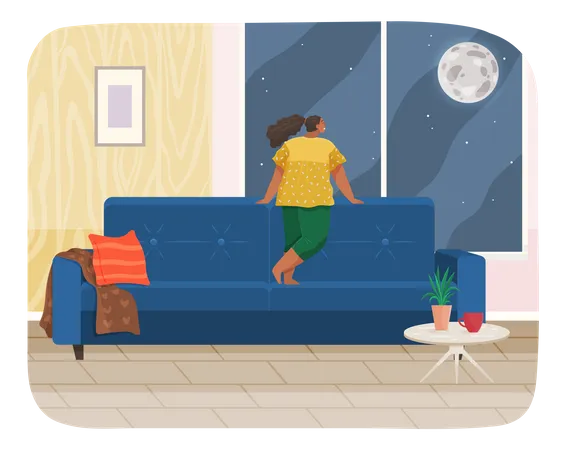 Girl standing at window looking at moon Illustration