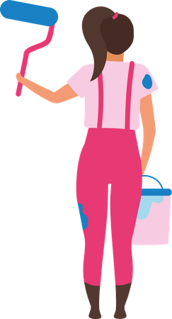 Girl standing backward holding paint roller and bucket Illustration