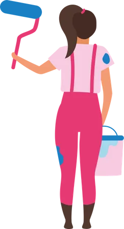 Girl standing backward holding paint roller and bucket Illustration