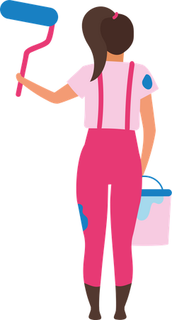 Girl standing backward holding paint roller and bucket  Illustration