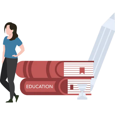 Girl Standing By Books  Illustration