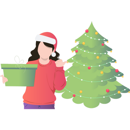 Girl standing by Christmas tree with gift  Illustration