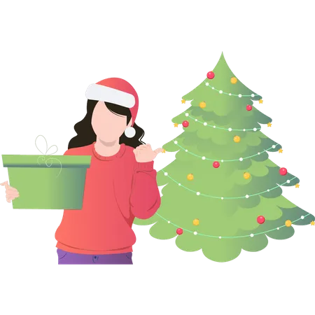 Girl standing by Christmas tree with gift  Illustration