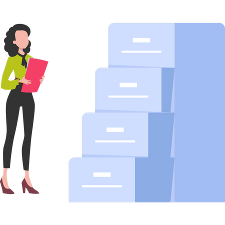 Girl standing by file cabinet  Illustration