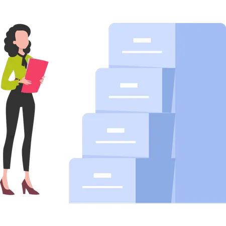 Girl standing by file cabinet  Illustration