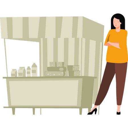 Girl standing by grocery stall Illustration