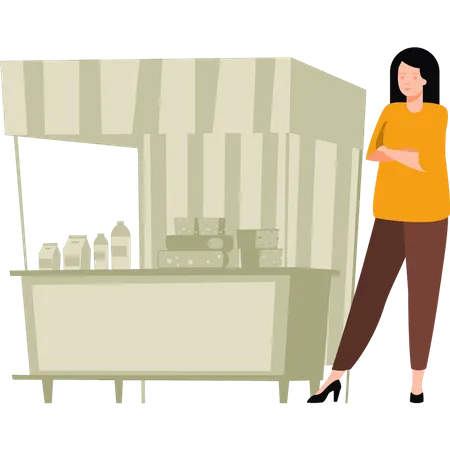 Girl standing by grocery stall Illustration