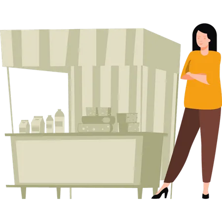 Girl standing by grocery stall  Illustration