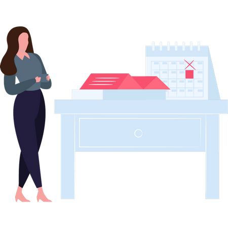 Girl standing by table  Illustration