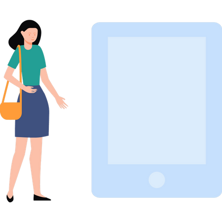 Girl standing by tablet  Illustration