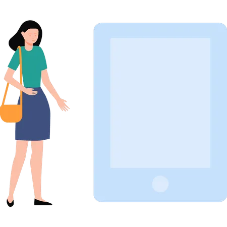 Girl standing by tablet  Illustration