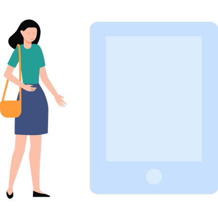 Girl standing by tablet  Illustration