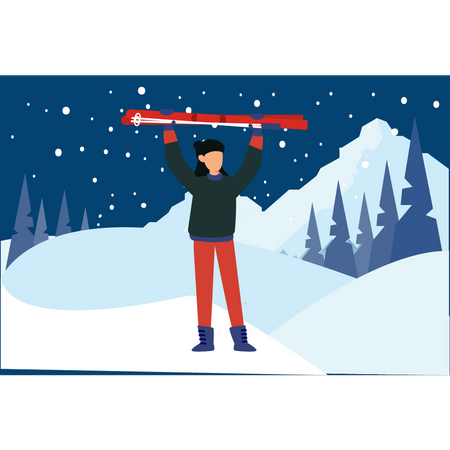 Girl standing holding ice skiing sticks  Illustration