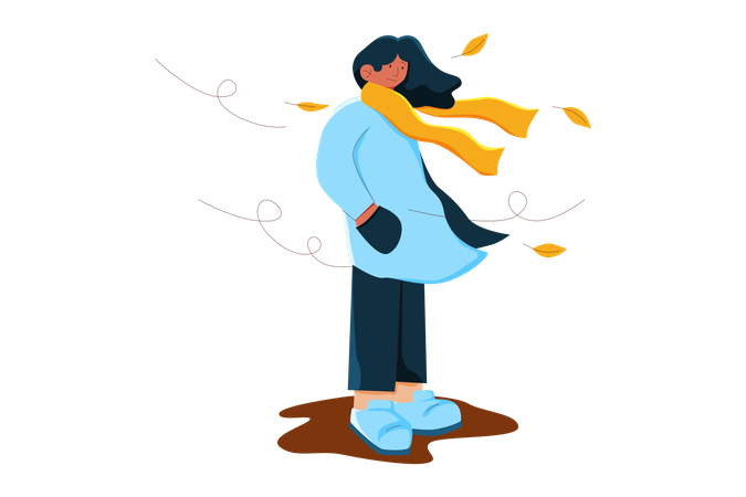 Girl standing in windy weather Illustration