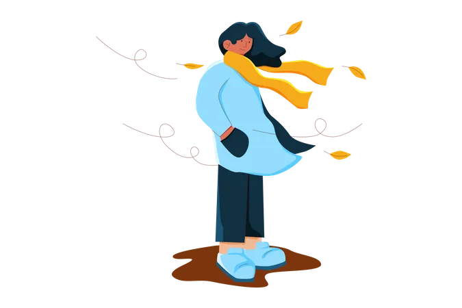 Girl standing in windy weather  Illustration