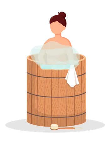 Girl standing in wooden tub with hot water  Illustration