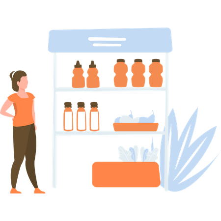 Girl standing near a food stall Illustration