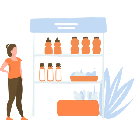 Girl standing near a food stall Illustration
