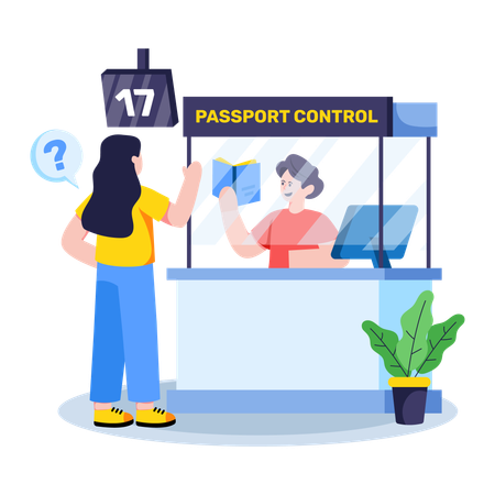 Girl standing near Airport Passport Control Illustration