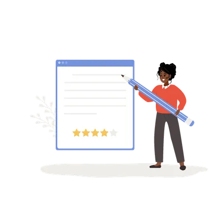 Customer Review Concept African Woman Holding Huge Pen And Leaving Comment With Four Stars Rating Girl Standing Near Big Dialog Window In Application With Feedback Vector Cartoon Illustration Illustration
