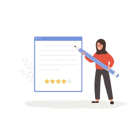 Customer Review Concept Arabian Woman Holding Huge Pen And Leaving Comment With Four Stars Rating Girl Standing Near Big Dialog Window In Application With Feedback Vector Cartoon Illustration Illustration