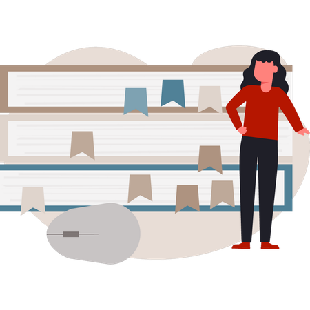 Girl  standing near books  Illustration