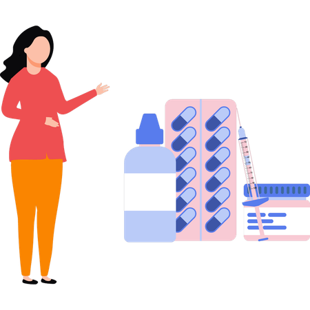 Girl standing near bunch of medicines  Illustration
